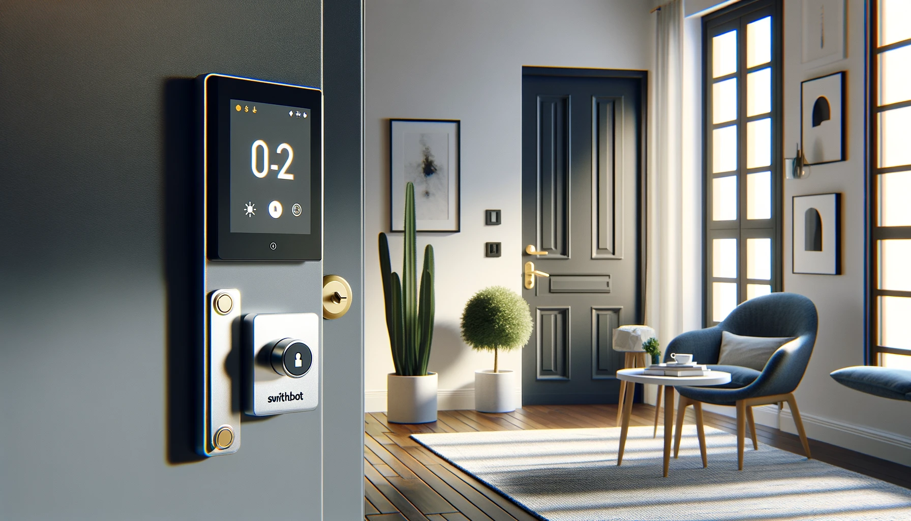 A modern front door equipped with a SwitchBot smart lock in a contemporary home. The scene should highlight the affordability and high cost-performance ratio of the lock, showcasing its advanced features and sleek design. The environment should reflect a user-friendly and high-tech atmosphere, emphasizing the value for money. No text or icons.