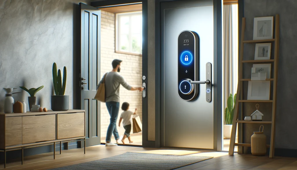 A person using a SwitchBot smart lock with hands-free unlocking on a front door in a modern home. The scene shows the person approaching the door with their hands full, possibly carrying groceries or children, and the door unlocking automatically. The environment should reflect a user-friendly and high-tech atmosphere, highlighting the convenience and advanced technology of the smart lock. No text or icons.