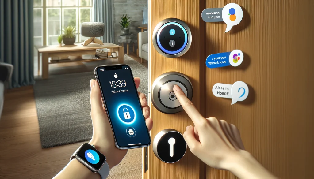 A person using various devices like a smartphone, Apple Watch, and a voice assistant (Siri, Alexa, Google Home) to unlock a SwitchBot smart lock on a front door in a modern home. The scene should show each device interacting with the lock, illustrating the ease of use and advanced technology. The environment should be user-friendly and contemporary, reflecting the smart home setup. Ensure that the person's fingers are depicted correctly.