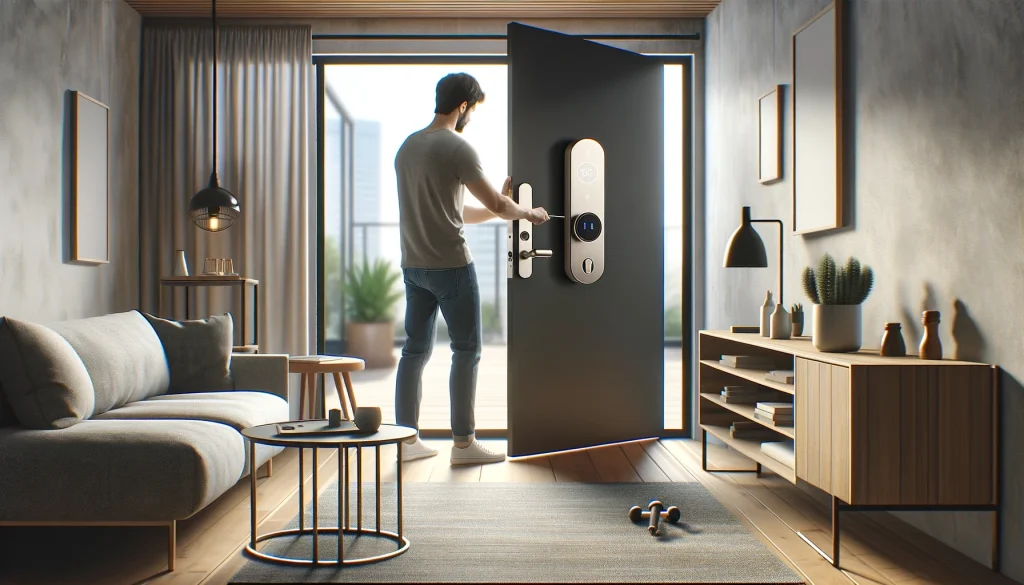 A person installing a SwitchBot smart lock on a front door in a modern apartment. The scene should show the simplicity of the installation process without the need for drilling or permanent modifications, emphasizing its suitability for rental properties. The environment should reflect a user-friendly and contemporary apartment setting. No text or icons.