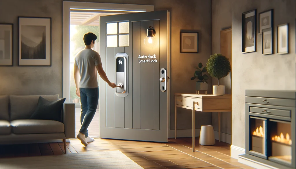 A person closing a front door equipped with a SwitchBot smart lock in a modern home. The scene should illustrate the door automatically locking after being closed, emphasizing the auto-lock feature that prevents forgetting to lock the door. The environment should reflect a user-friendly and high-tech atmosphere, highlighting the convenience and advanced technology of the smart lock. No text or icons.