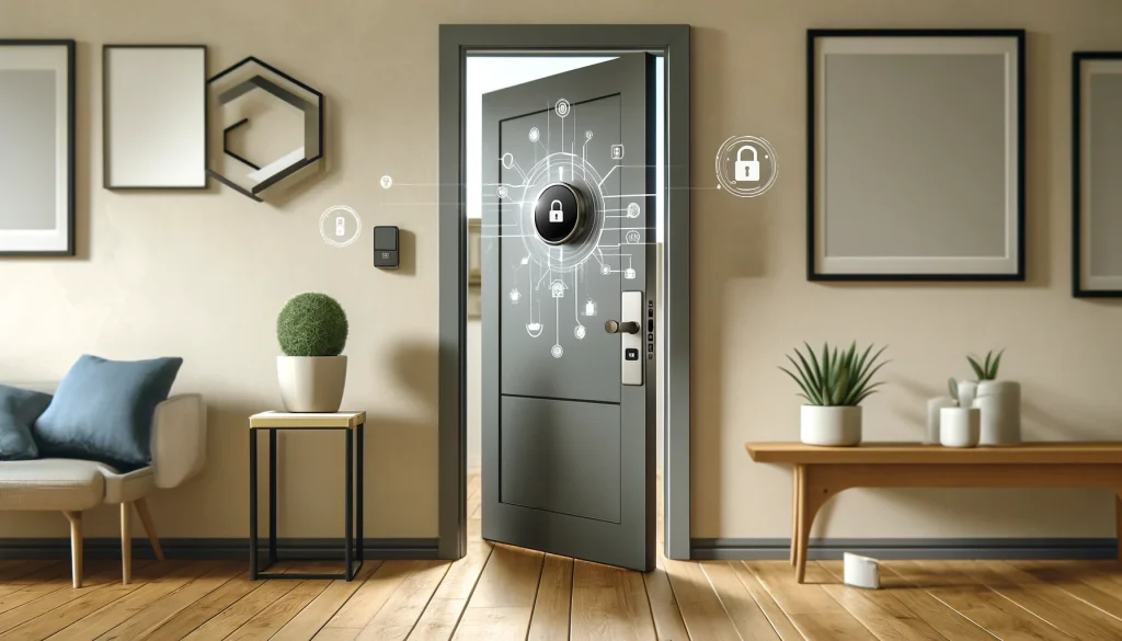 A modern front door equipped with a SwitchBot smart lock in a contemporary home. The scene should highlight the sleek design and advanced technology of the lock, emphasizing its performance and security features. The environment should be user-friendly and high-tech, reflecting the smart home setup. No text or icons.