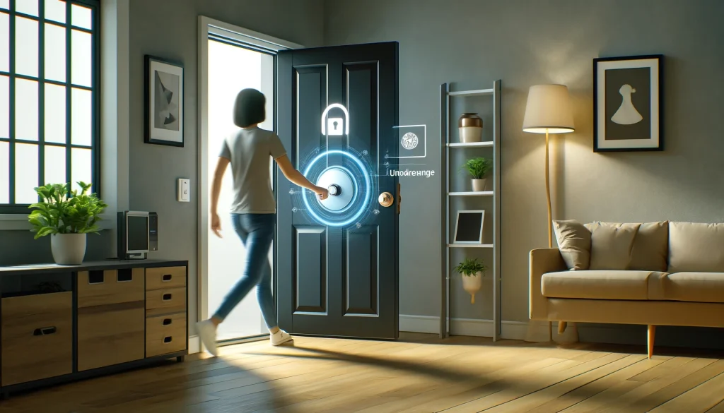 A person approaching a front door equipped with a SwitchBot smart lock in a modern home. The scene should show the door unlocking quickly as the person gets close, highlighting the fast response and unlocking speed. The environment should be user-friendly and high-tech, reflecting the advanced technology of the smart lock. No text or icons.