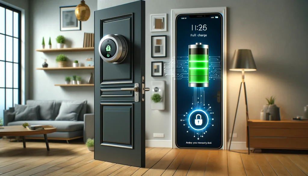 A modern front door equipped with a SwitchBot smart lock in a contemporary home. The scene should emphasize the long battery life and efficient power management features of the lock, with visual cues such as a battery icon on a smartphone screen showing full charge. The environment should reflect a user-friendly and high-tech atmosphere, highlighting the advanced technology of the smart lock. No text or icons.