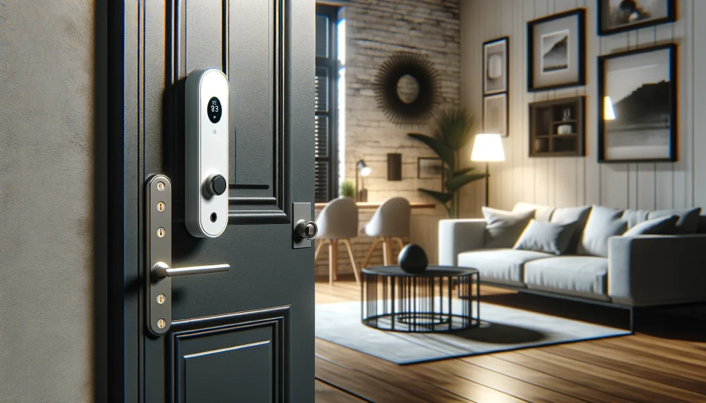 A modern front door equipped with a SwitchBot smart lock in a contemporary home. The scene should highlight the lock's advanced security features and robust safety measures, including encrypted communication and tamper-resistant design. The environment should reflect a user-friendly and high-tech atmosphere, emphasizing the lock's role in enhancing home security. No text or icons.