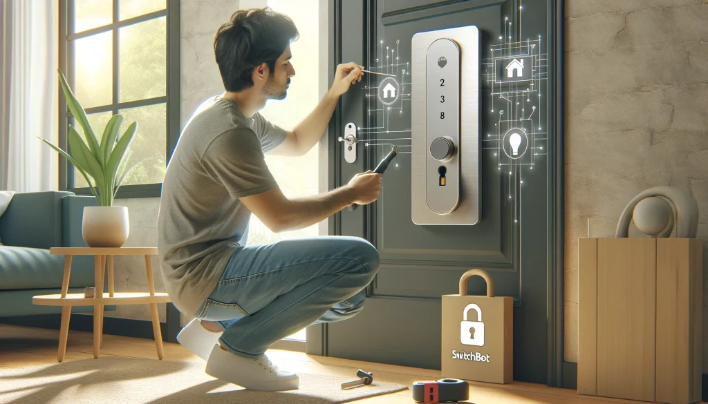 A person performing maintenance on a SwitchBot smart lock installed on a front door in a modern home. The scene should show the simplicity of the maintenance process, such as checking the battery or cleaning the lock. The environment should reflect a user-friendly and contemporary home setting. No text or icons.