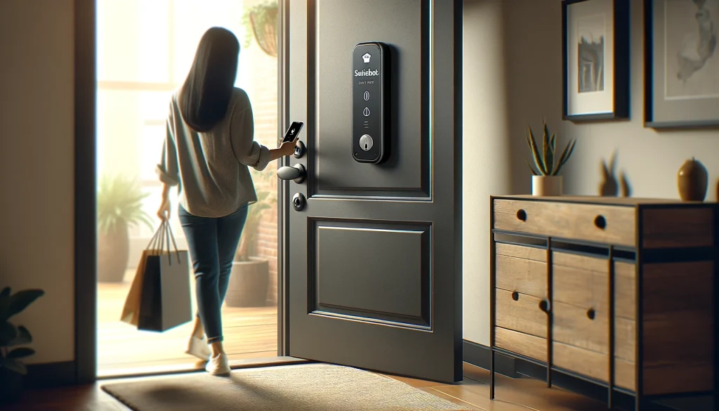 A person approaching a front door with SwitchBot smart lock installed, using a smartphone to unlock it hands-free. The scene shows the person carrying bags and not needing to use their hands to open the door. The environment is a modern home, and the lock looks sleek and integrates well with the home setting, highlighting ease of use and advanced technology. No text or icons.