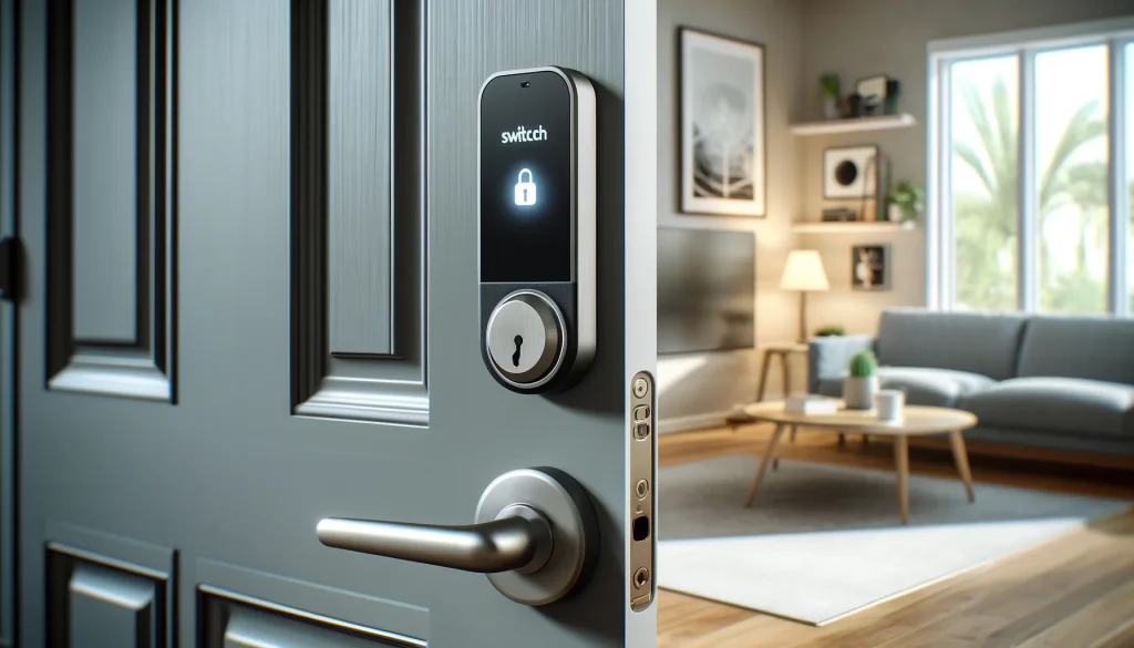 A sleek and modern SwitchBot smart lock installed on a front door in a contemporary home. The scene shows the lock clearly integrated into the door, highlighting its advanced design and seamless integration. The environment should reflect a high-tech, user-friendly atmosphere, with elements like smartphones and smart home devices in the background. No text or icons.