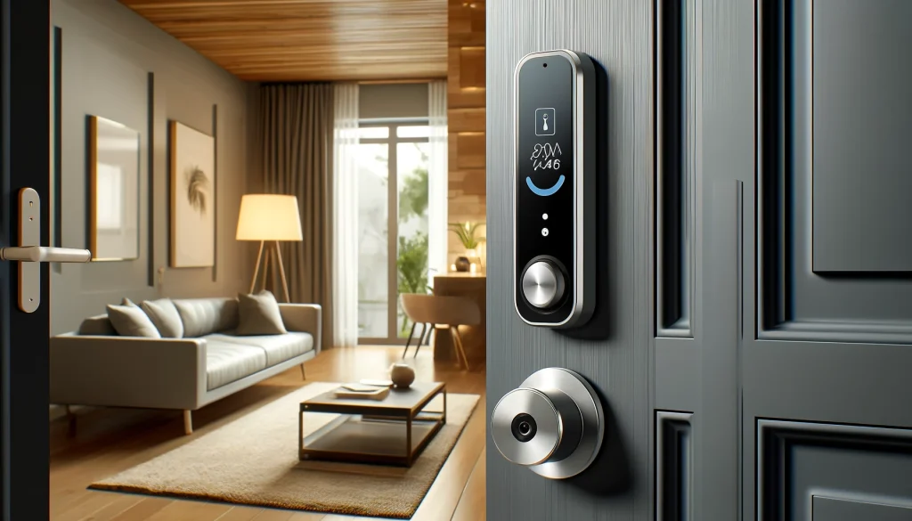 A detailed view of a sleek and modern SwitchBot smart lock installed on a front door in a contemporary home. The image should showcase the lock's advanced design and integration with the door. The setting should include elements like a smartphone, illustrating the hands-free unlocking feature, and a modern interior background to highlight the smart home environment. No text or icons.