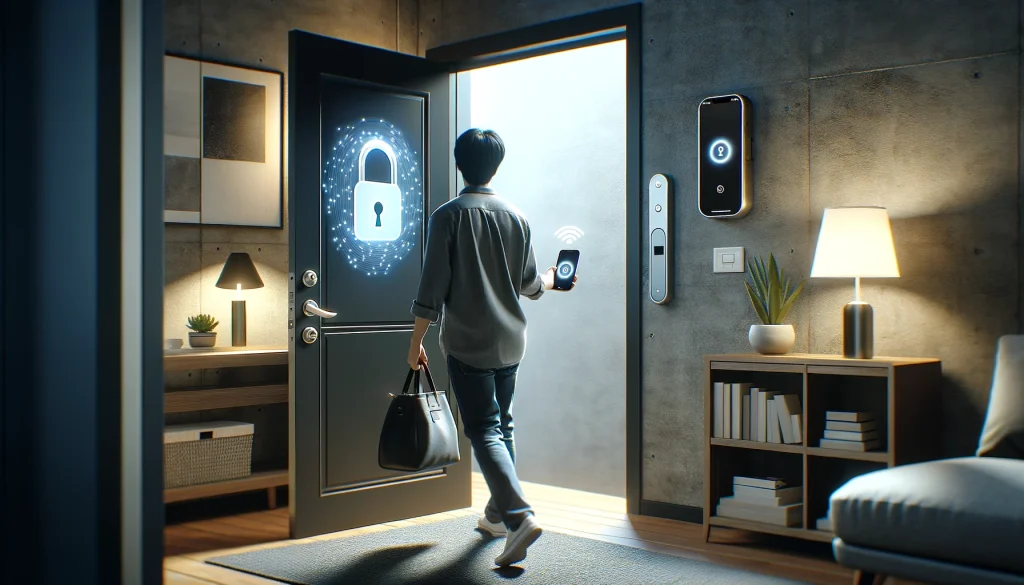 A person approaching a front door with a SwitchBot smart lock, holding their smartphone in a bag or pocket, and the door unlocking automatically. The scene is set in a modern home, showing the advanced technology of hands-free unlocking. The environment should reflect a high-tech, user-friendly atmosphere, with no text or icons.