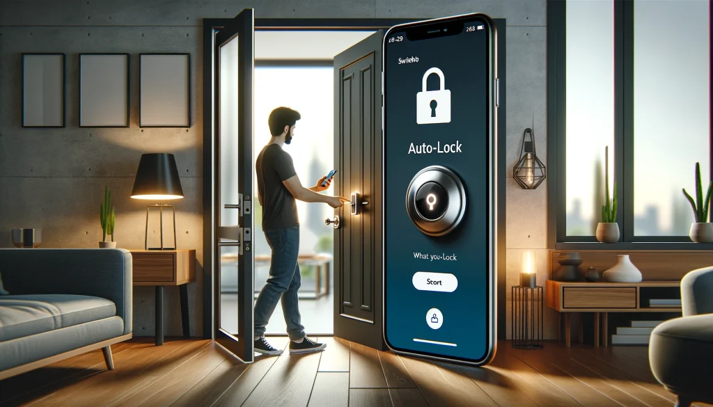 A person using their smartphone to unlock a SwitchBot smart lock on a front door in a modern home. The scene should show the door automatically locking after closing, illustrating the auto-lock feature. The setting should include elements like a smartphone and a sleek, contemporary interior, highlighting the smart home environment. No text or icons.