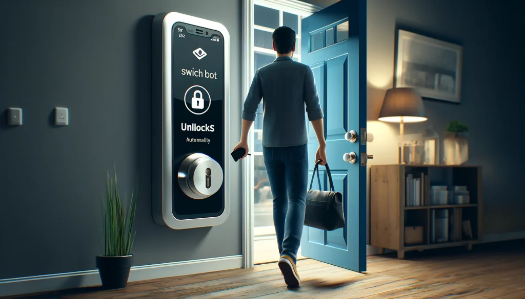 A person approaching a front door with a SwitchBot smart lock, holding their smartphone in a bag or pocket, and the door unlocking automatically. The scene should show the person interacting with the lock using a smartphone app, illustrating the hands-free unlocking feature. The environment should reflect a high-tech, user-friendly atmosphere, with no text or icons. Ensure that the person has a normal appearance with two arms.