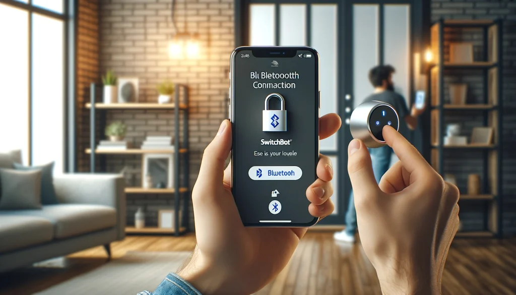 A person using a smartphone to set up Bluetooth connection with a SwitchBot smart lock on a front door in a modern home. The scene should show the smartphone screen with the SwitchBot app open, and the person interacting with the app to configure the lock. The environment should be user-friendly and high-tech, reflecting the ease of use and advanced technology. No text or icons.