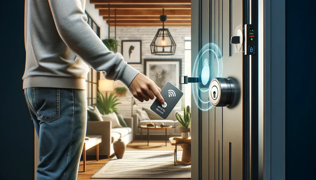 A person using an NFC tag to unlock a SwitchBot smart lock on a front door in a modern home. The scene should show the person holding the NFC tag near the lock, illustrating the ease of use and high-tech functionality. The environment should be user-friendly and contemporary, reflecting the advanced technology of the smart home. No text or icons.