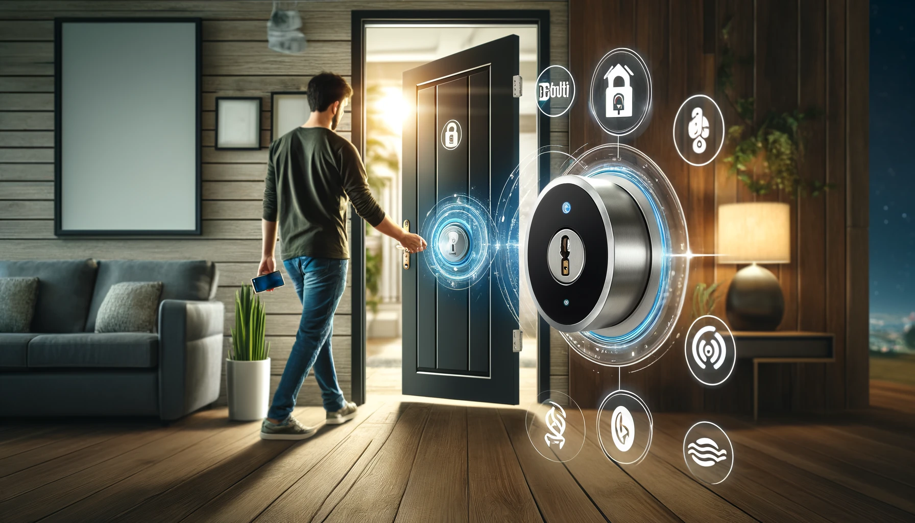 A modern smart lock on a front door, with a person approaching hands-free, holding a smartphone displaying an app to unlock the door. The scene is set in a contemporary home, showcasing the ease of use and advanced technology of the SwitchBot smart lock. Elements include icons for Bluetooth, NFC tags, and various smart home assistants like Siri, Alexa, and Google Home. The lock itself looks sleek and high-tech, fitting seamlessly into the home environment.