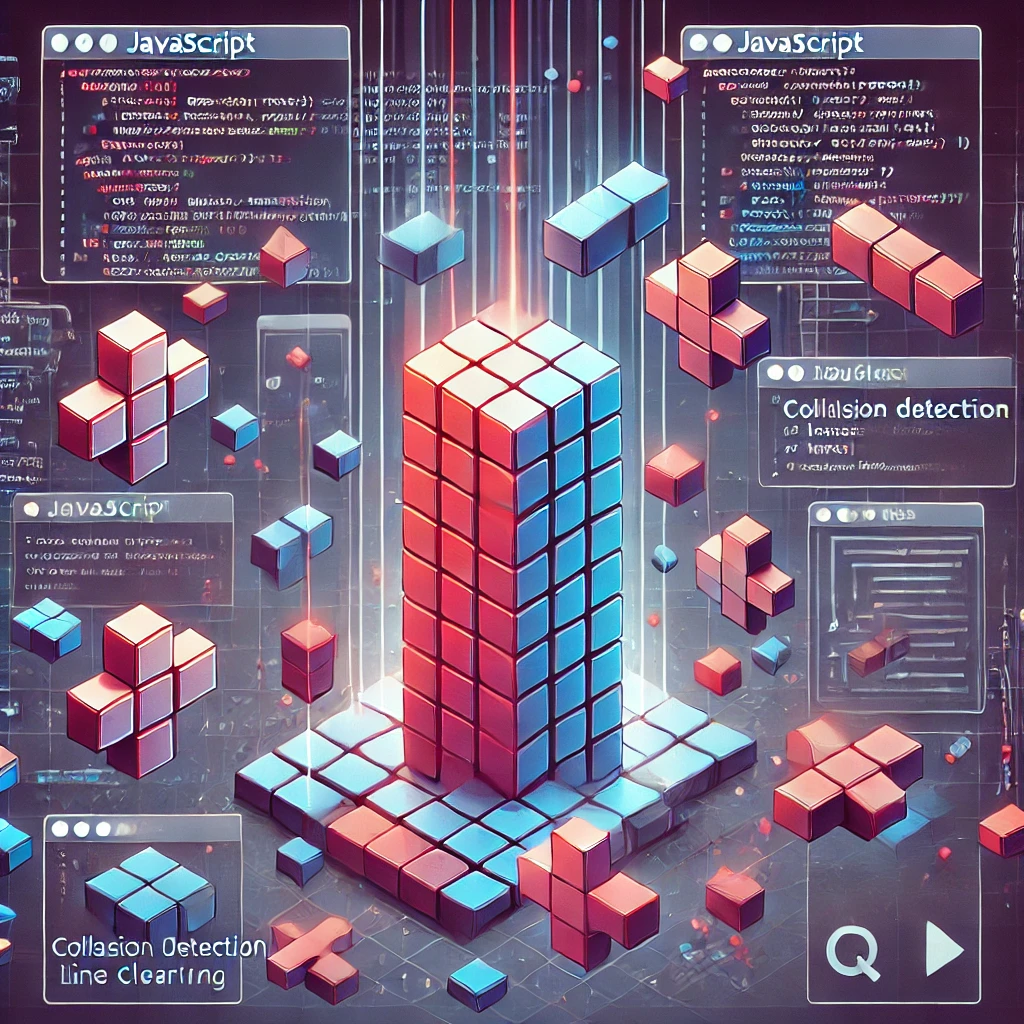 ブロックの生成と落下処理、プレイヤーの操作、衝突判定、ラインの消去、ゲームオーバーの判定