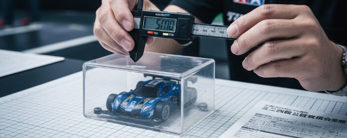  「ミニ四駆の車検風景。車検ボックスに入った青いミニ四駆の寸法を、ノギスで正確に測定する手がクローズアップされている。ミニ四駆公認競技会規則の書類も見える。