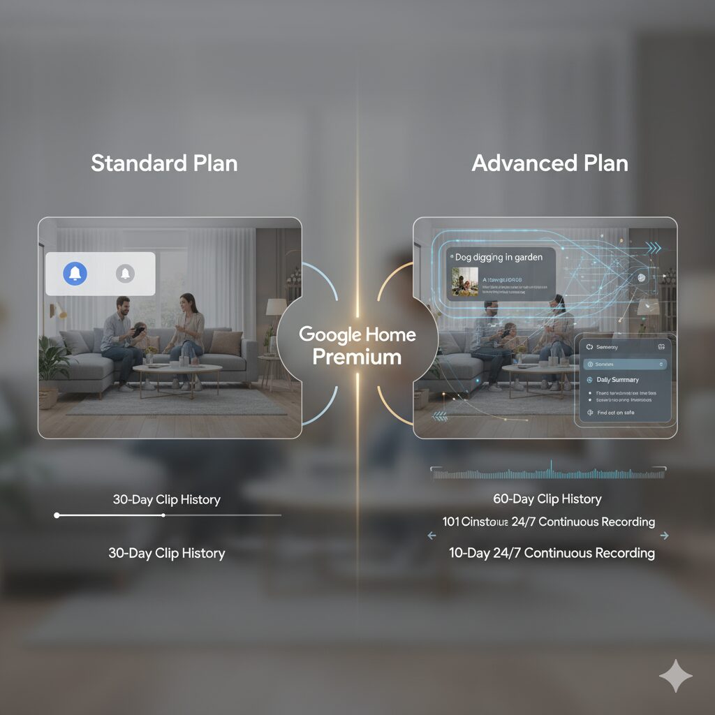 Google Home PremiumのStandardとAdvancedプランを比較するインフォグラフィック。Standardプランではシンプルな見守り、AdvancedプランではAIによる詳細な分析（犬の掘る行動のアラートや連続録画）が視覚的に対比され、プラン選択の判断材料を示す。