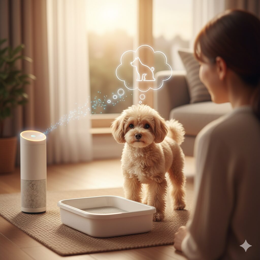 Google AI BlogやNest Cam製品ページ、Gemini for Homeのロードマップを示すデジタルスクリーンと、それらから分岐するYes/Noのフローチャート。犬がトイレトレーの前にいるイラストと共に、AIによる特定の行動検知の実現可能性を考察する様子。期待と技術的な課題を視覚的に表現。