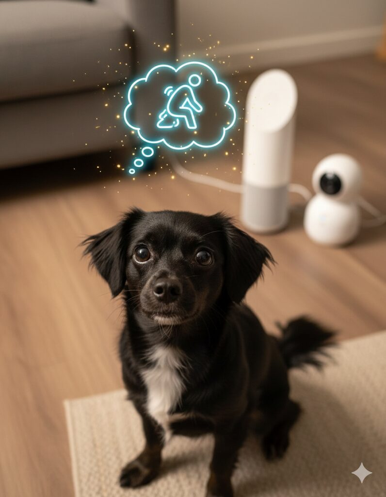モダンなリビングで、胸に白い模様のある黒い小型犬が座り、上目遣いでこちらを見ている。背景にはGoogle HomeスピーカーとNest Camが配置され、犬の頭上には排泄を連想させるアイコンが光る吹き出しで描かれている。AIによるペット見守りの未来と飼い主の願いを表現した画像。