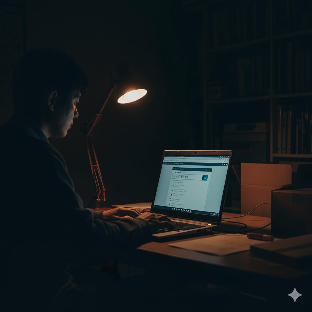 真実を探求する「調査」の雰囲気を表現します。パソコンの光だけが頼りという状況で、不安な気持ちを抱えながら必死に情報を探している様子をシンプルに描きます。