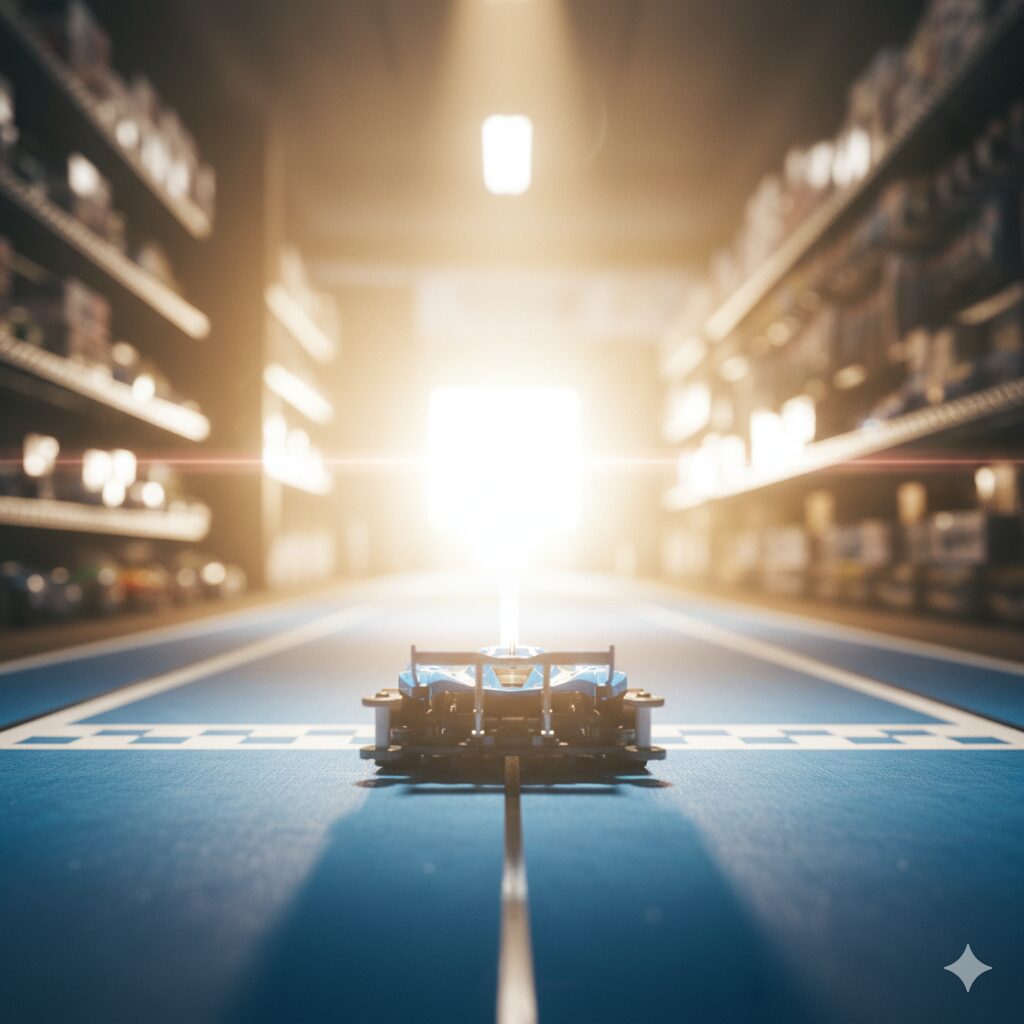 これから始まる新しい物語や、未来への道を象徴します。マシン目線でまっすぐなコースを捉えることで、前向きな気持ちや、続いていくストーリーの始まりをシンプルに表現します。
