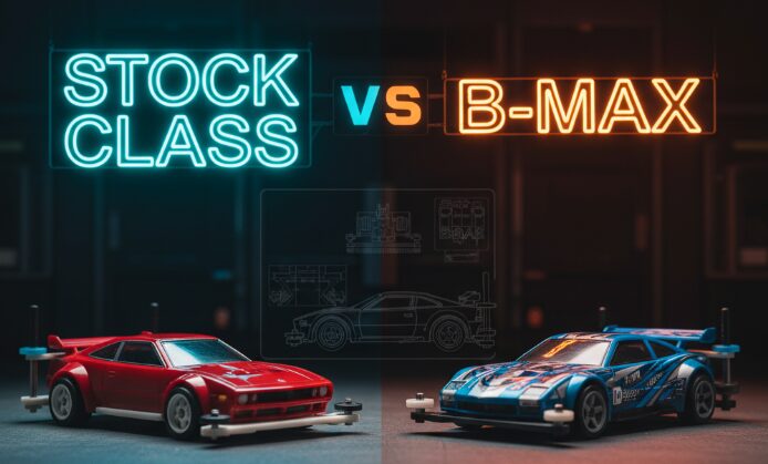 ミニ四駆のストッククラスとB-MAXクラスのマシンが左右に並べられ、それぞれのロゴがネオンサインで表示されている。シンプルなストッククラスと独自ルールB-MAXの違いを対比するイラスト。