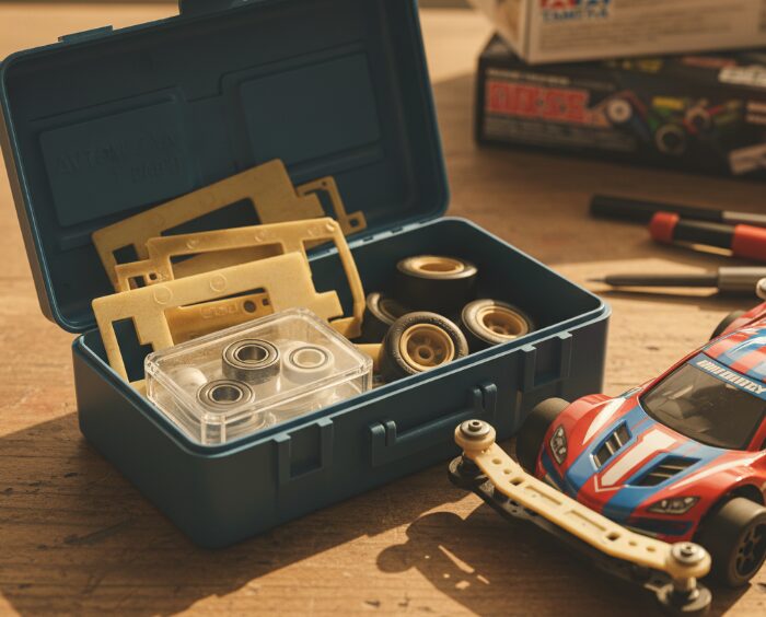古いタミヤの工具箱に収められた、昔のミニ四駆パーツ（FRPプレート、ベアリングローラー、タイヤなど）と、その横に置かれた現代のミニ四駆。新旧パーツを融合させるノスタルジックな情景。