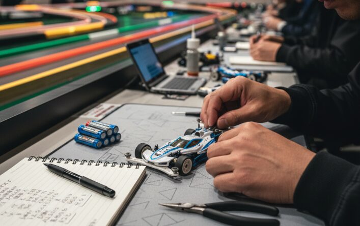 レース会場のピットで、ミニ四駆の最終調整を行うレーサー。手元のチェックリストと工具が並び、集中してマシンを調整する姿。レース前の準備と緊張感が伝わる。