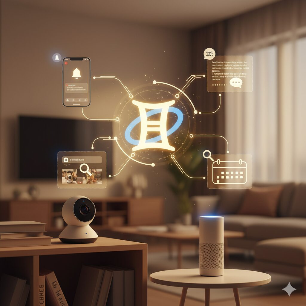 Gemini for Homeのロゴが中央に輝き、Google Homeデバイス（スマートカメラ、スマートスピーカー、スマートフォンアプリ）と連携する様子。AIによる通知、検索、要約など、新しいスマートホーム体験のアイコンが放射状に広がる。