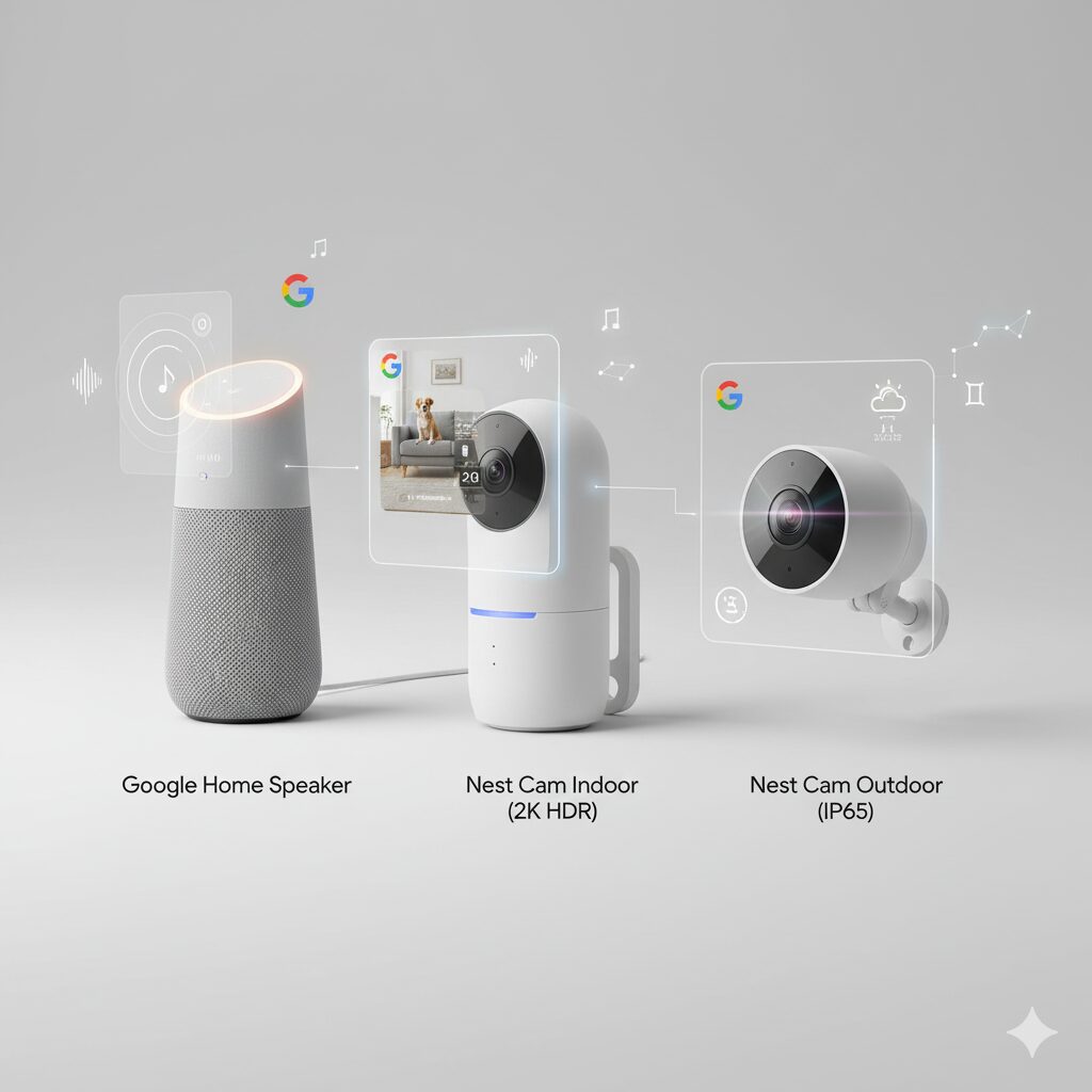 新しいGoogle Homeスピーカー、Nest Cam Indoor、Nest Cam Outdoorの3つのデバイスがクリーンな背景に並ぶ。それぞれのデバイスの機能（音波、2K HDR映像、防水性能）を象徴するグラフィックが添えられ、Googleの新デバイスの高性能とデザインを表現。