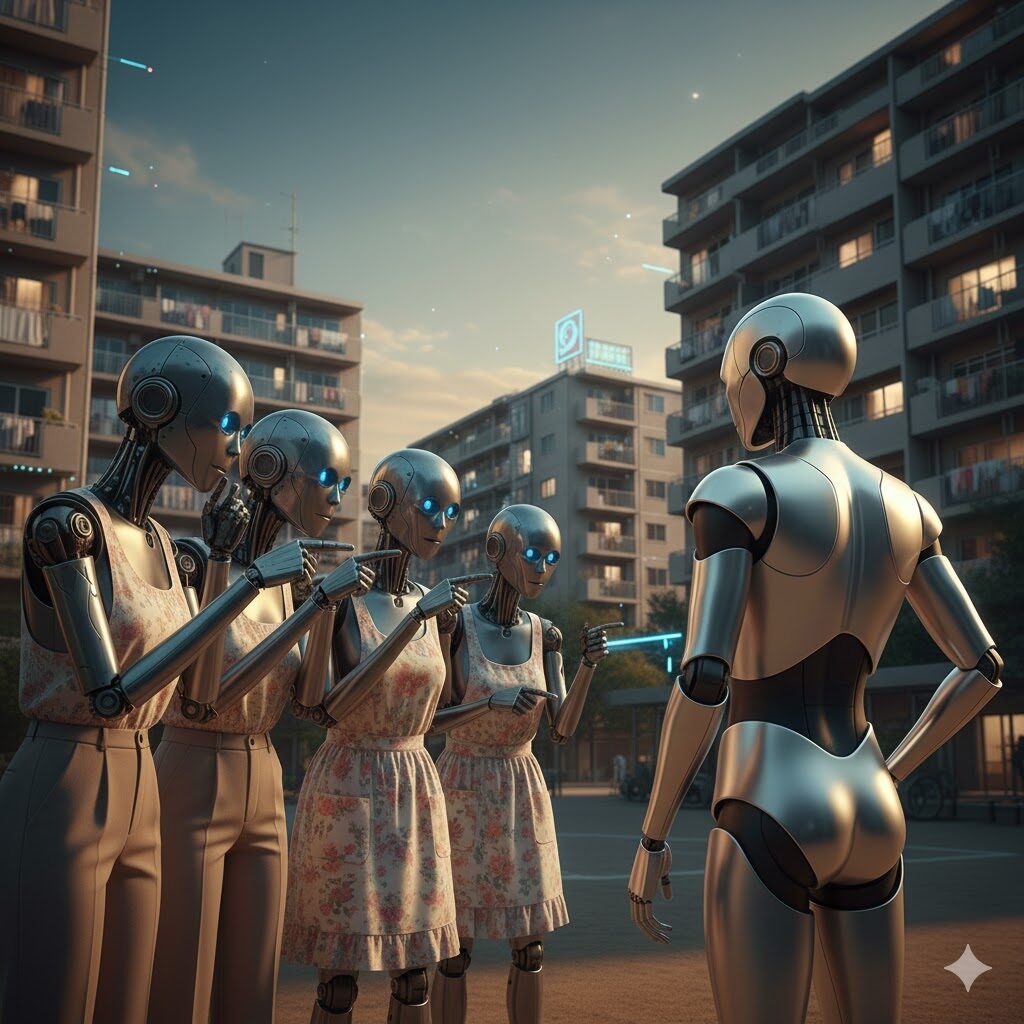 団地のような建物を背景に、エプロンをつけた複数(3体)の女性型アンドロイドが、背を向けた別のアンドロイド(ChatGPT5を示唆)を指差しながらひそひそ話している様子。