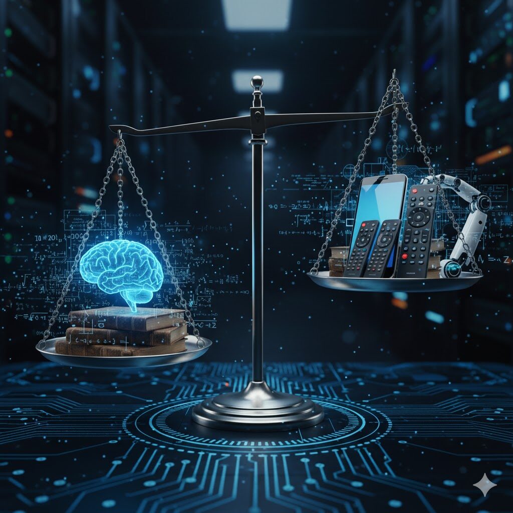 暗い技術的な背景の中、天秤の両側に「賢さ」を象徴する光る脳と本、数式と、「便利さ」を象徴するスマートフォン、リモコン、ロボットアームがそれぞれ乗っており、天秤は便利さの側が重い状態になっている。