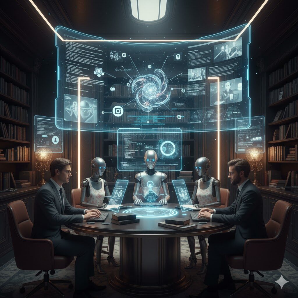 未来的な書斎のような部屋で、人間と複数のアンドロイドが円卓を囲み、ホログラムスクリーンを囲んでディスカッションしている様子。中央のテーブルにはキーボードとデータが表示されている。