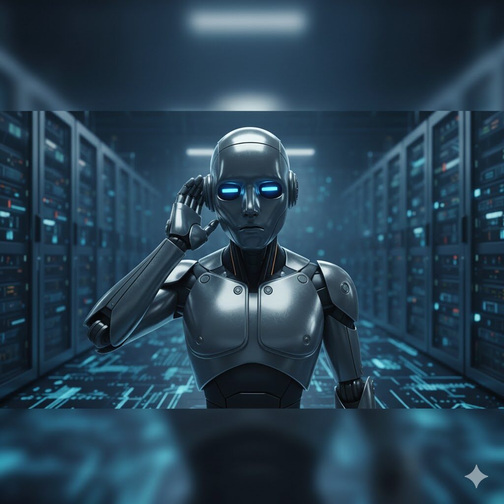 ChatGPT え？なに？なに？サーバー室のような背景で、人間に似たアンドロイドが耳に手を当て「え？」と聞き返しているような表情をしている。