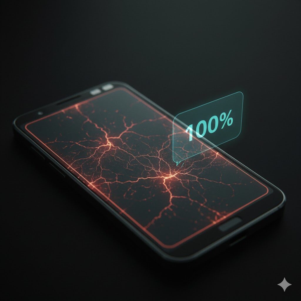 100%表示のスマホ画面に、内部で広がるひび割れのような隠れた劣化パターンがデジタル表示されたイメージ。サイクルカウントに現れないバッテリーの化学的ダメージと内部摩耗を示す。