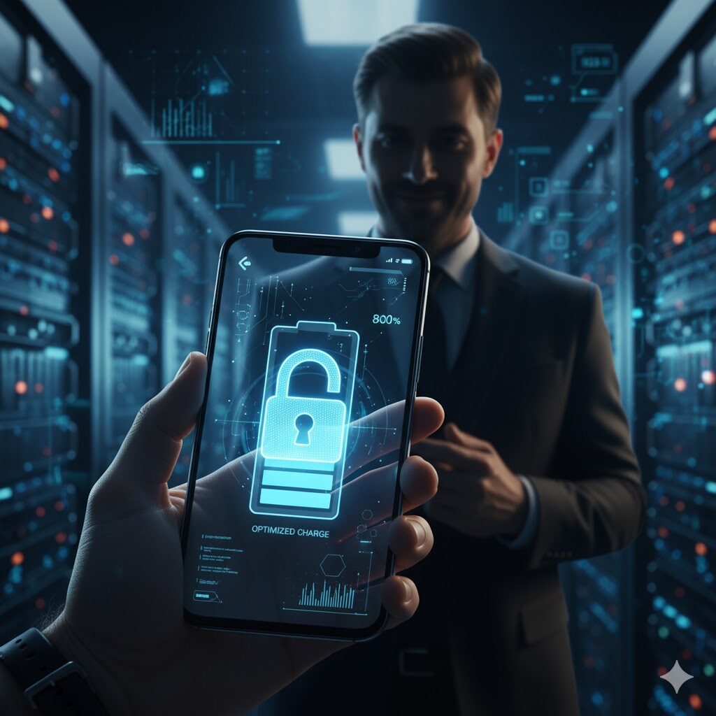 充電が80%で停止し、デジタルロックマークが表示されたスマホ画面。背後にはメーカー担当者らしき人物が監視する姿があり、バッテリー寿命を保護するためのメーカーの本音と制御機能を示唆。