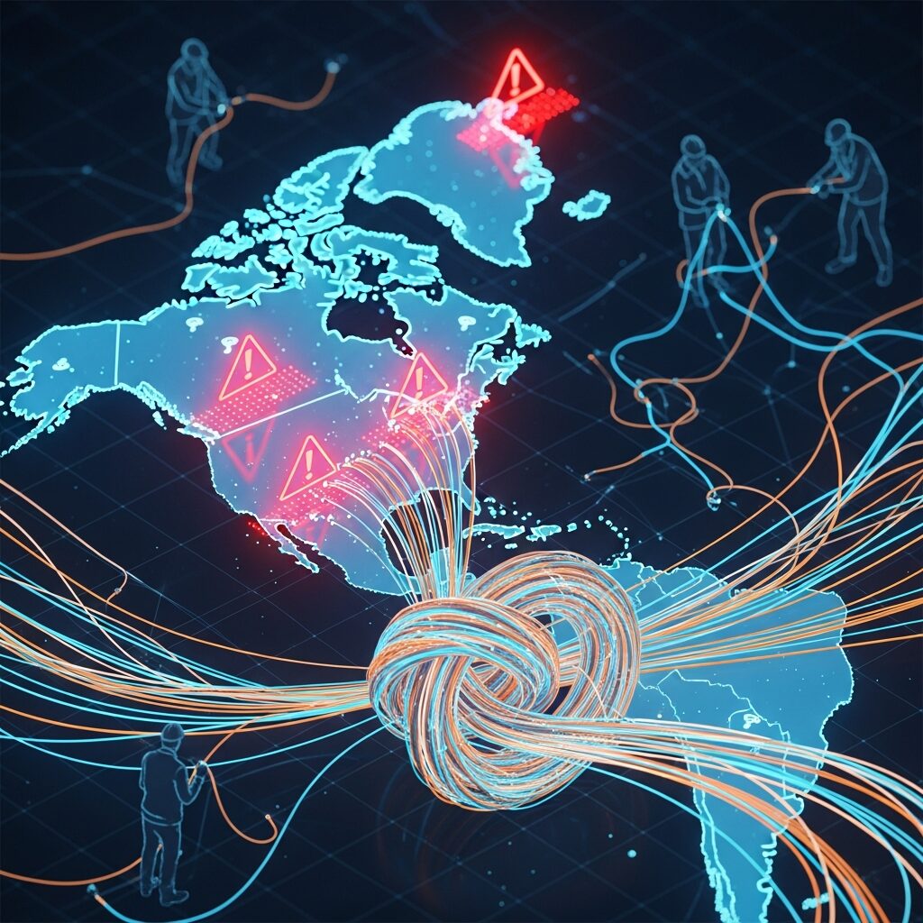 世界地図上でインターネットのトラフィック経路が複雑に絡み合い、北米データセンターを中心にネットワーク障害が発生している様子を示す概念図