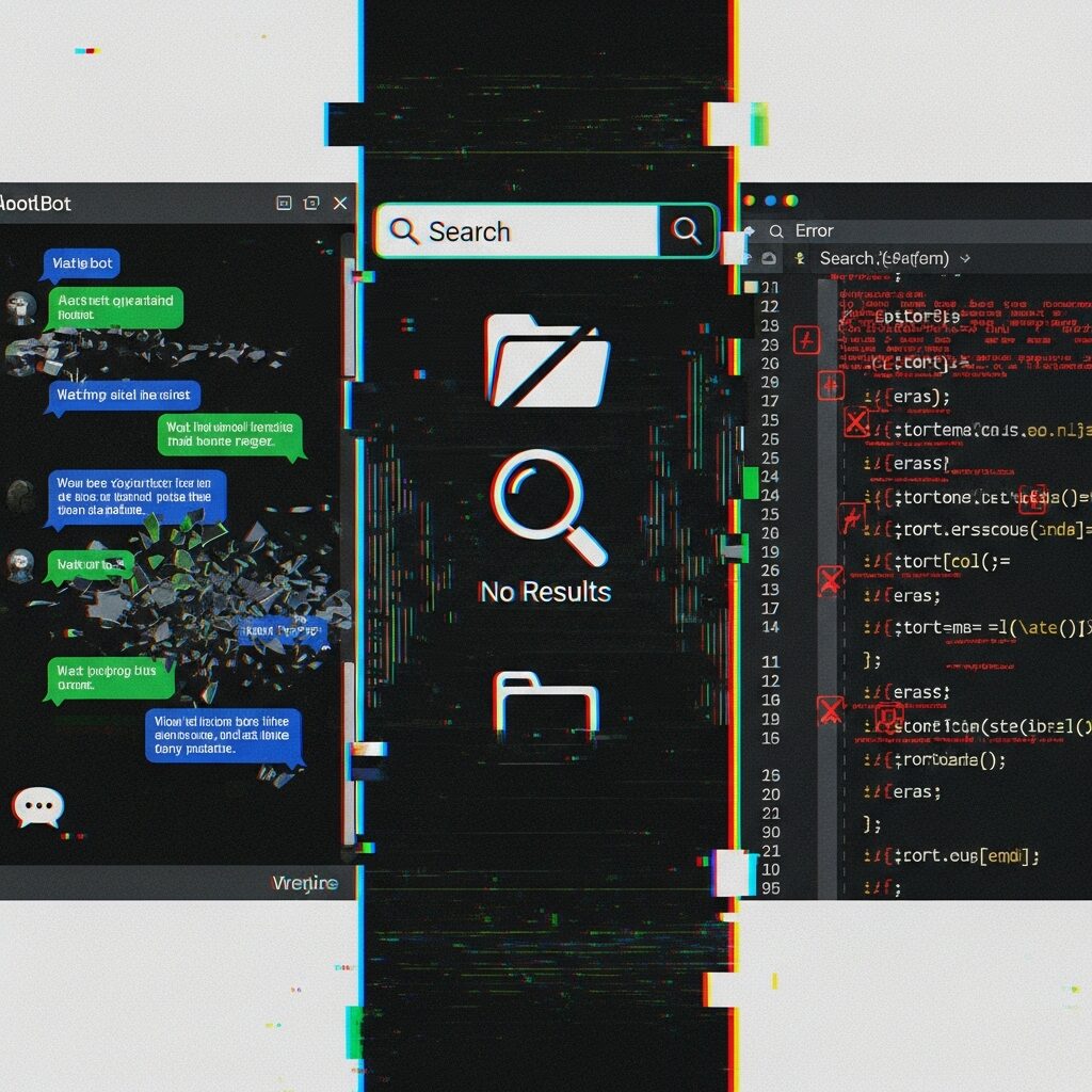 ChatGPTのチャット画面、検索AIの入力バー、コード生成画面の3つが同時にバグを起こし、画面にノイズやエラーコードが走っている様子