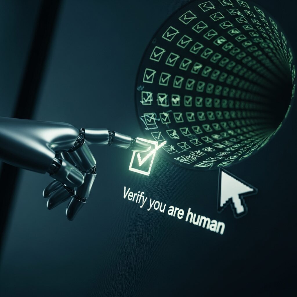 Cloudflareの「Verify you are human（人間であることを確認）」チェックボックスが、クリックしても無限に奥へと増殖し続け、認証ループに陥っている様子を描いたイラスト