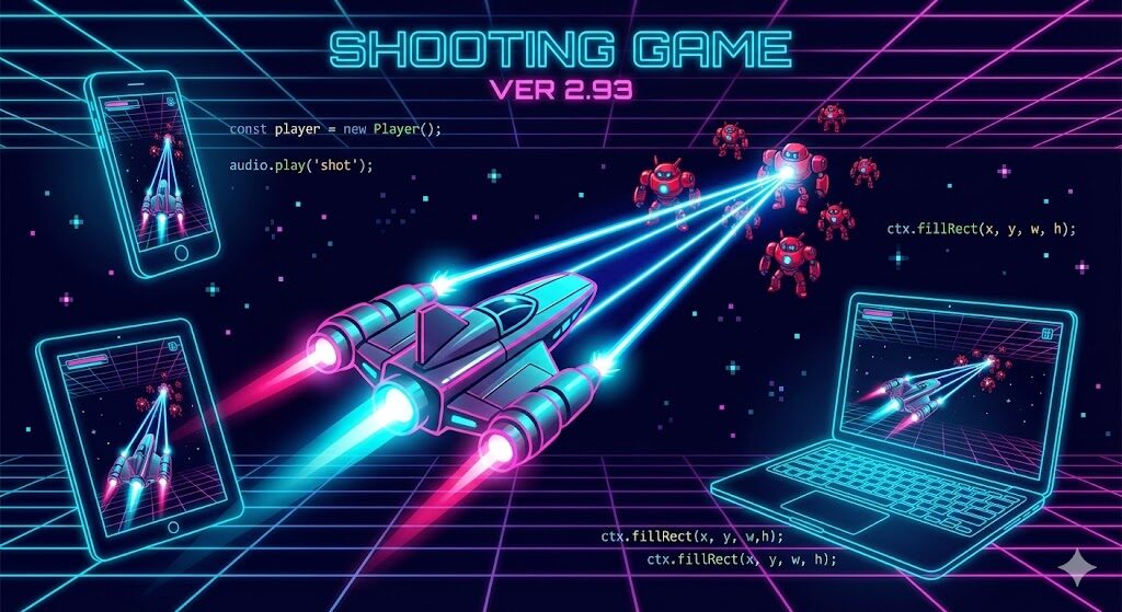 シューティングゲーム、コーディング、マルチデバイス対応、ネオンデザインShooting Game Ver 2.93
