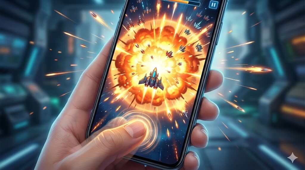 スマートフォンでのゲームプレイイメージ。親指が素早くトリプルタップする残像と、画面内で必殺技のミサイルが炸裂し、オレンジ色の衝撃波で敵を一掃している瞬間