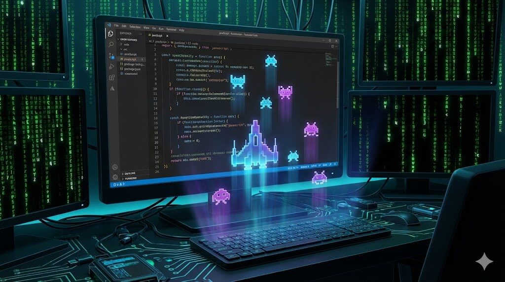 ゲーム開発のイメージイラスト。エディタに表示されたJavaScriptコードから、ホログラム状の自機や敵キャラクターが飛び出し、デジタル空間と融合している様子