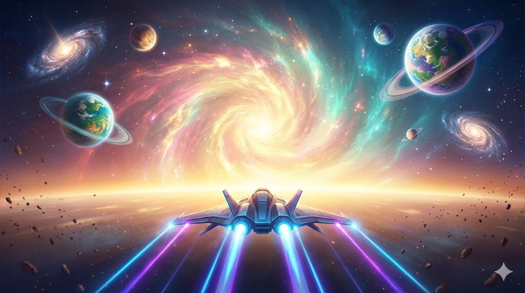 輝く宇宙の地平線に向かって飛び立つ自機の後ろ姿。遠くに新たな惑星や銀河が見え、次なるステージへの冒険を感じさせるイメージ