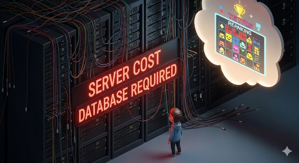 Gemini 3 Proと協力して過去のテトリス開発の失敗を乗り越え、バグのない完成版へと進む開発者の3Dイラスト