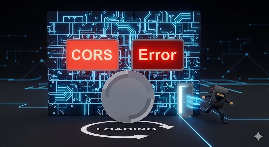 ブラウザゲーム開発で発生するCORSエラーやローディング問題を、Google Apps Scriptの設定で回避する様子のイメージ図