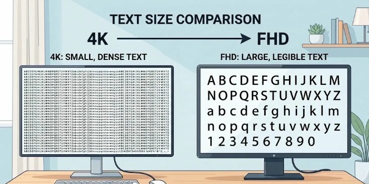 4K解像度の小さな文字とFHD解像度の読みやすい文字のテキストサイズ比較図