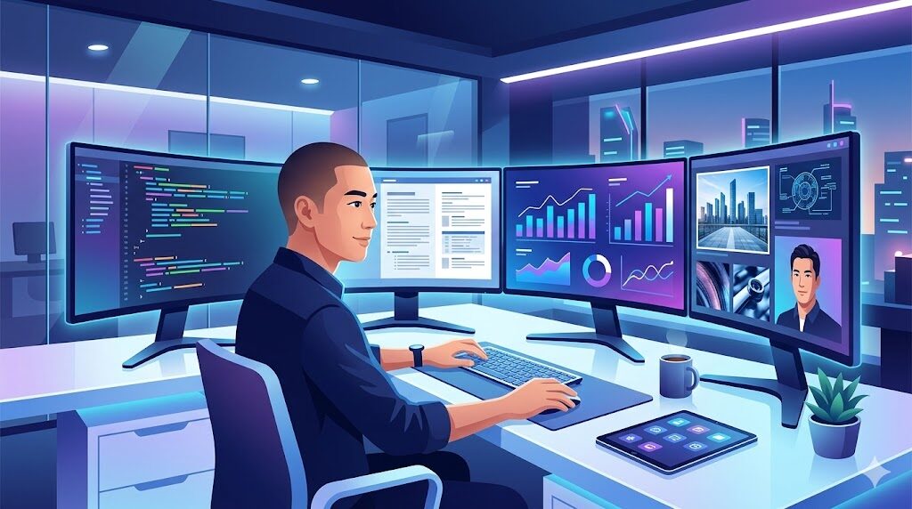 【Claudeでできること】複数のモニターに囲まれたデスクで、コード・文書・グラフ・画像が同時に展開されているシーン。