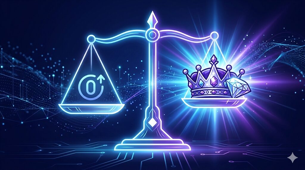 【無料vs有料プラン】天秤の左側に無料マーク、右側に王冠やダイヤモンドが乗っており、光のエフェクトが差し込んでいるシーン。