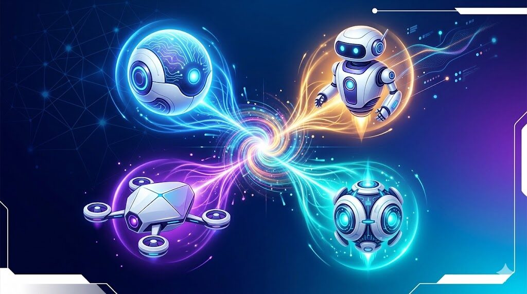 【4大AI比較】4つの輝く球体またはロボットが向き合い、それぞれ異なる色のオーラを放っているシーン。